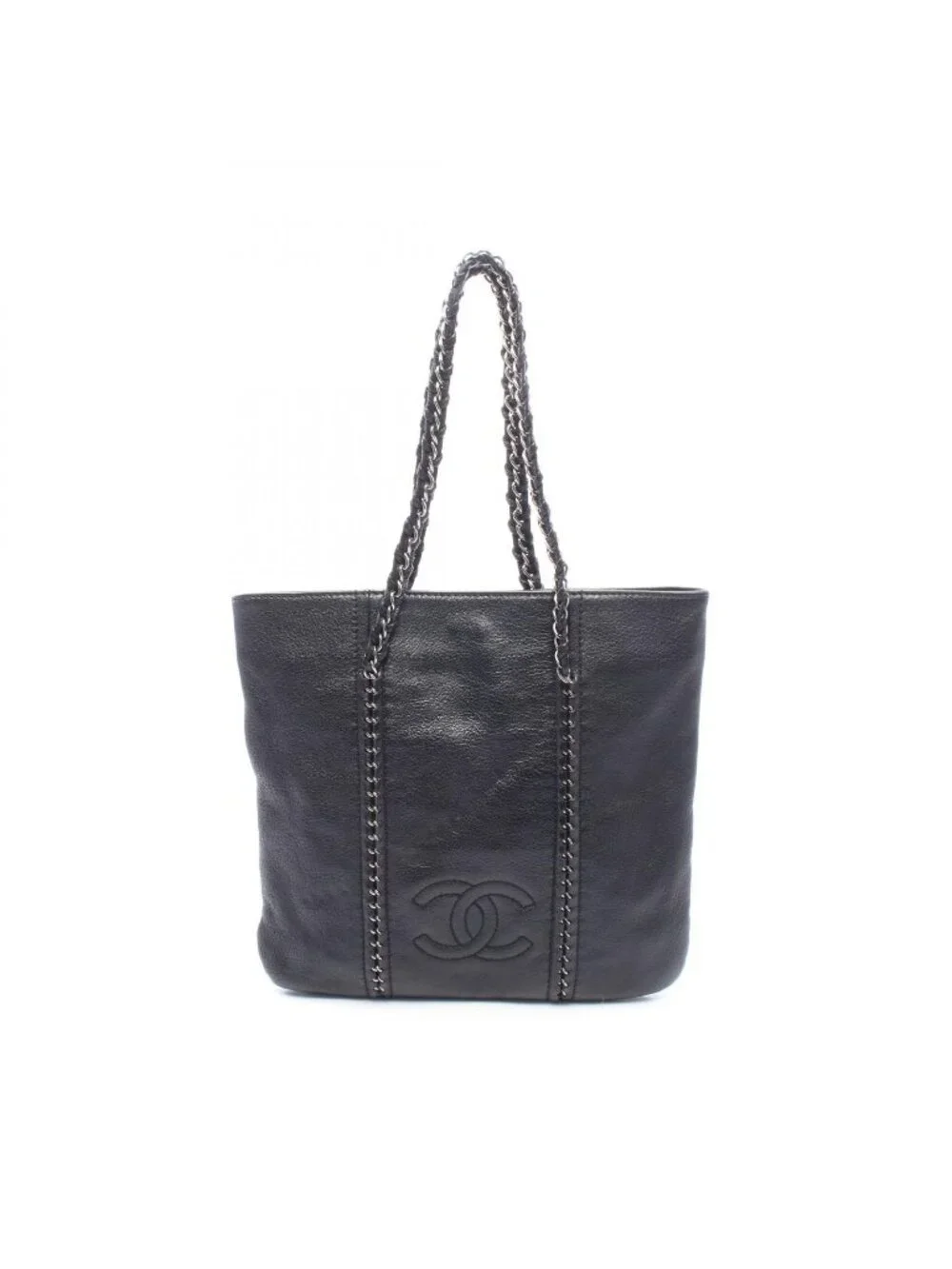 Chanel Tote Bag CC Logo Black Leather Chain